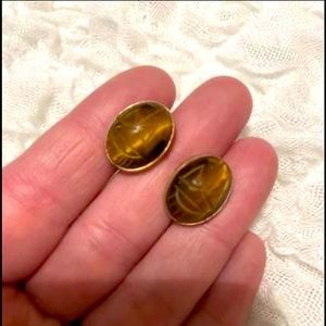 Sold Tiger Eye Screw Back Scarab Earrings Gold